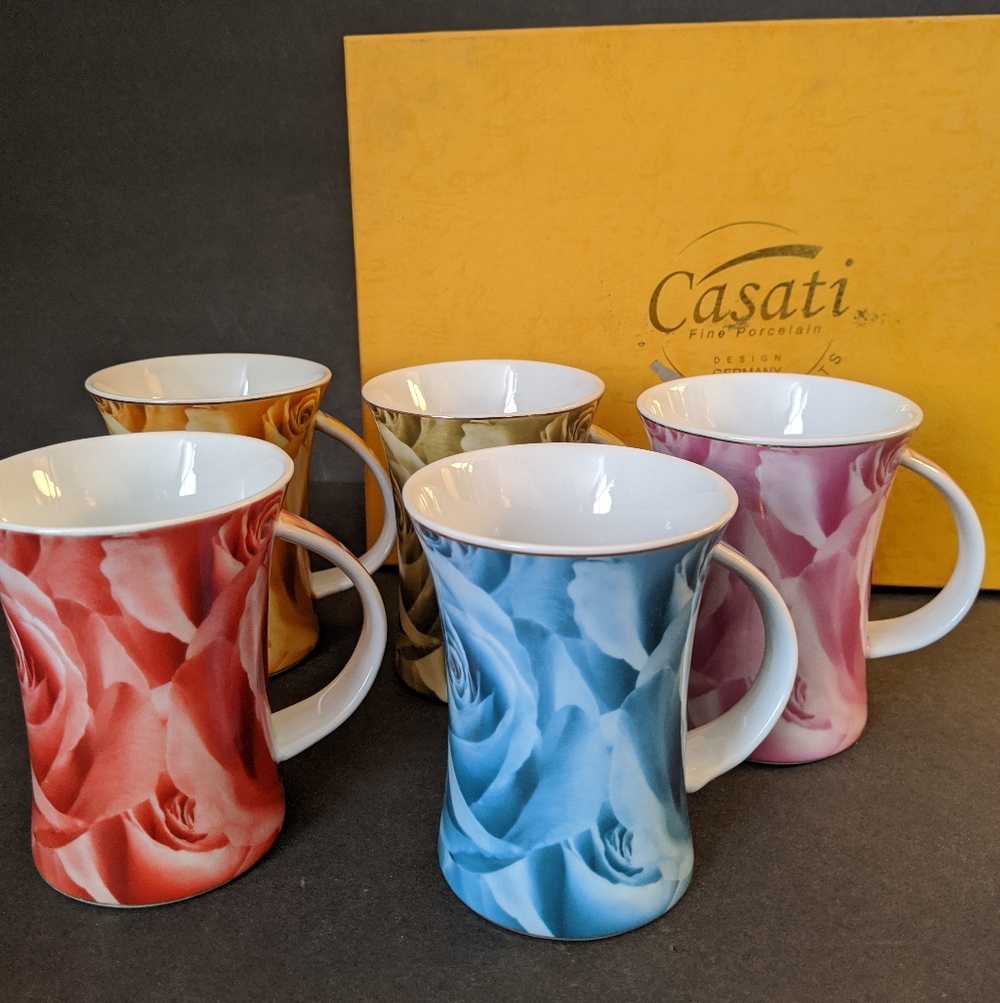Casati Fine Porcelain Coffee Tea Cups Set Of 5 Gold Trim Floral